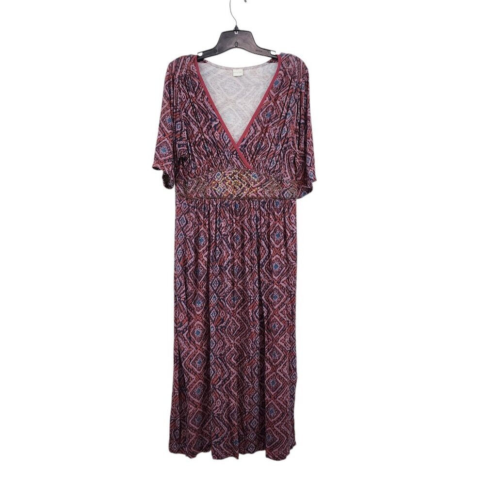 Poetry Women's Mosaic Print Beaded V-neck Linen Blend Maxi Dress - 10
